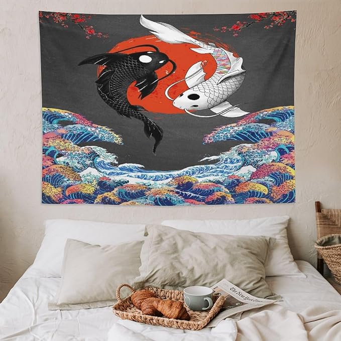 Houselerax Japanese Koi Fish Tapestries, Yin Yang Big Wave Cherry Blossom Tapestry Wall Hanging for Bedroom Living Room Office Decor 80"x60"-Ruum Studio Home