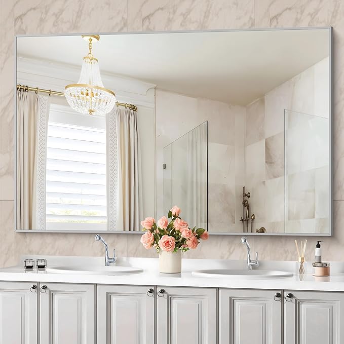 36x55 inch Bathroom Mirror, Silver Rectangle Mirror with Thin Metal Frame, Large Rectangular Wall Mirrors for Bathroom, Living Room, Big Mirror Hang Horizontal/Vertical-Ruum Studio Home