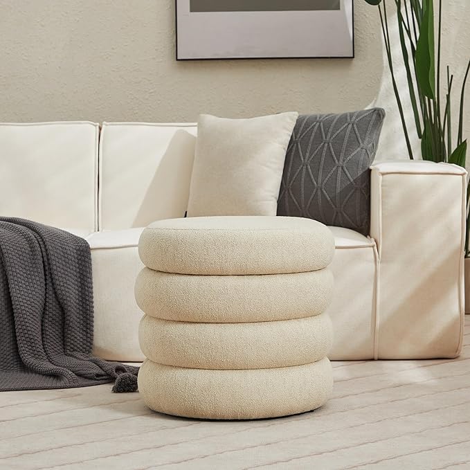ONEVOG Round Storage Ottoman, 20" Small Ottomans Table with Removable Lid, Linen Fabric Soft Footrest Stools for Couch, Upholstered Stuffed Circle Seat for Living Room/Bedroom/Dorm/Vanity, Beige-Ruum Studio Home