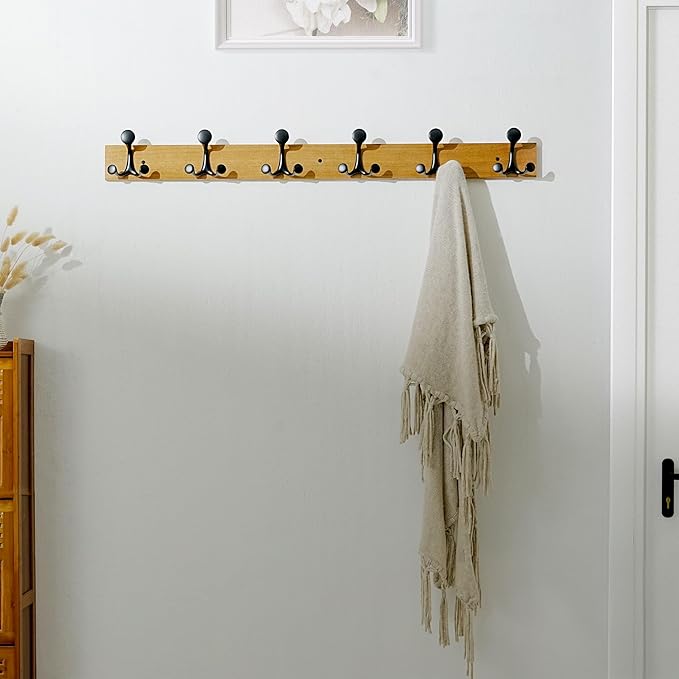 SKOLOO 39-Inch Light Brown Wood Coat Rack Wall Mount with 6 Triple Hooks - Ideal for Family Entrances, Classrooms, and Pet Supplies Storage - Perfect Coat Hooks for Wall-Ruum Studio Home