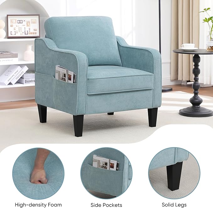 Accent Chairs Set of 2, Upholstered Living Room Chairs with Side Pockets, Mid Century Modern Reading Chair for Bedroom, Comfy Armchair Single Sofa Side Chair for Office, Small Room, Teal Green-Ruum Studio Home