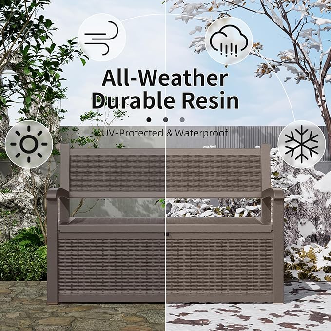 80 Gallon Storage Bench Deck Box Waterproof Lockable,Outdoor Storage Furniture for Patio,Garden and Cushions(Gray)-Ruum Studio Home