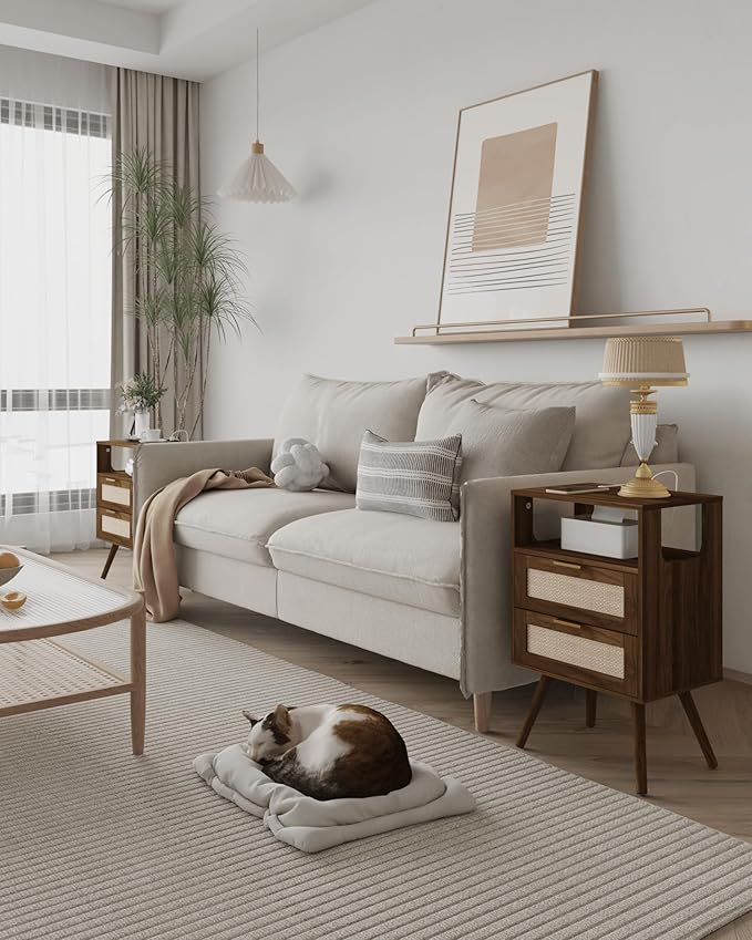 Rattan Nightstand with Charging Station,Modern Bedside Table with 2 Storage Drawer and Open Wood Shelf, for Bedroom and Small Spaces,Night Stand with Solid Wood Legs (Walnut Brown)-Ruum Studio Home