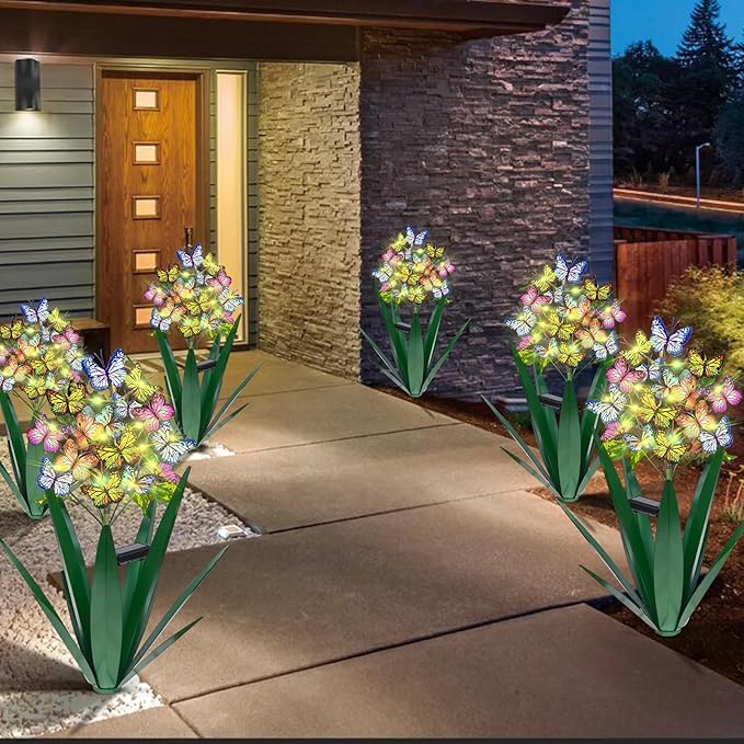 Homight Solar Metal Agave Butterfly Flower Stick Garden Sculpture - Outdoor Christmas Lights With Swaying Butterfly Sunflower - Solar Outdoor Gift (3 PCS Green)-Ruum Studio Home