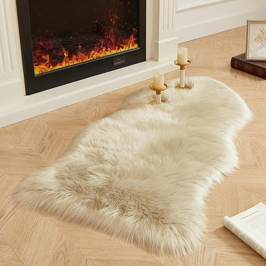 AMTOVO Faux Fur Rug, Beige Area Rug, Fluffy Sheepskin Rug, Fuzzy Ultra Soft 2 x 4 ft Shag Rugs for Bedroom Sofa Throw Cushion Room Decor, Sheepskin-Ruum Studio Home