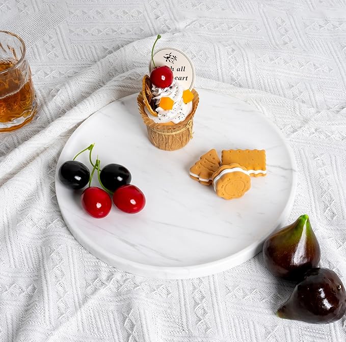 Natural Round Marble Tray - Luxury Decorative Serving Tray for Coffee Table, Bathroom Vanity, Dresser & Kitchen Countertop - Stone Organizer for Jewelry, Perfume, Candle, Home Decor(Volakas)-Ruum Studio Home