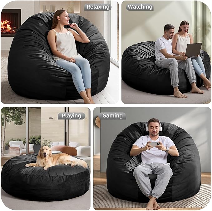 Hobestluk 6FT Bean Bag Chair Bean Bag Chairs for Adults Giant Bean Chairs with Velvet Cover, Memory Foam BeanBag Chair Fluffy BeanBag Chairs for Living Room, Bedroom- Black (70" x 70" x 15")-Ruum Studio Home