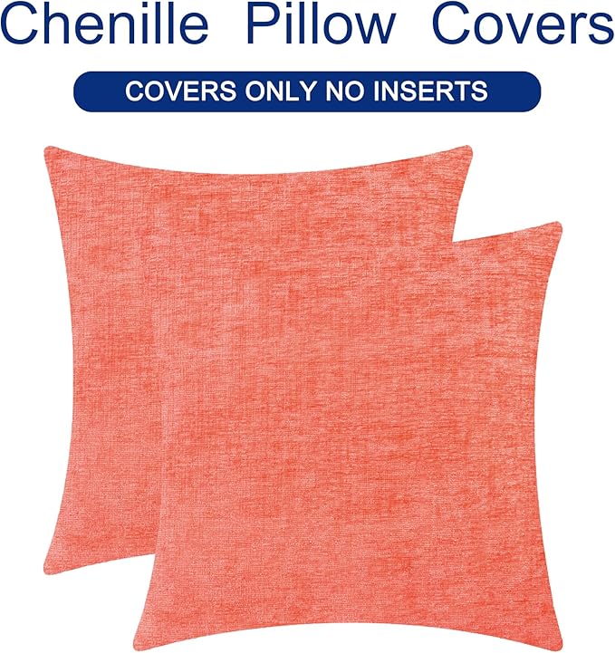 CaliTime Throw Pillow Covers Decorative 24 X 24 Inches Pack of 2 Cozy Chenille Cushion Cases for Couch Sofa Bed Living Room Home Living Coral-Ruum Studio Home
