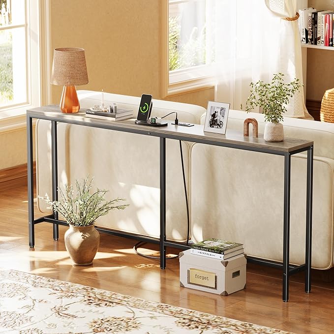 SUPERJARE 70 Inch Console Table with Outlet, Narrow Entryway Table for Living Room, Oak-Ruum Studio Home