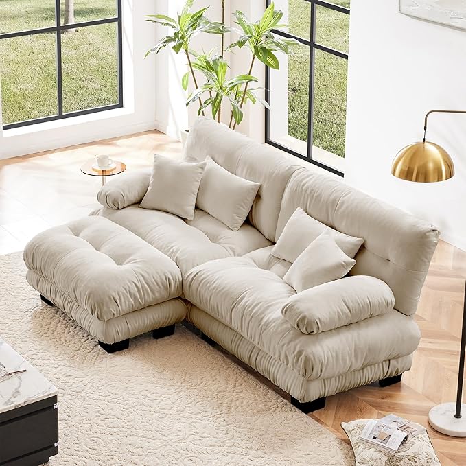 Modular Sectional Sofa, L Shaped Couch with Ottoman, 2 Seater Cloud Couch Small Couches for Small Spaces, Modern Deep Seat Sofa Living Room Oversized Loveseat W/Bolster Armrests 4 Pillows-Ruum Studio Home