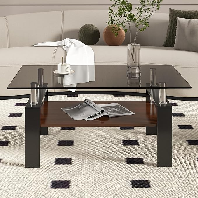 Glass Coffee Table Rectangle Living Room Center Table, with Gray Tempered Glass Tabletop and Brown MDF Layer,for Living Room and Office, Gray+Brown-Ruum Studio Home