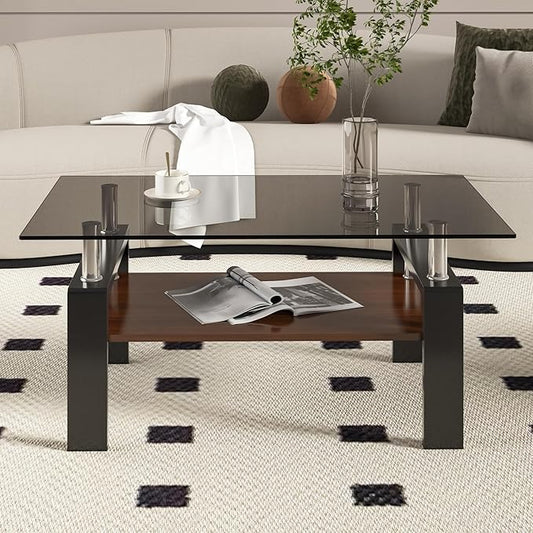 Glass Coffee Table Rectangle Living Room Center Table, with Gray Tempered Glass Tabletop and Brown MDF Layer,for Living Room and Office, Gray+Brown-Ruum Studio Home