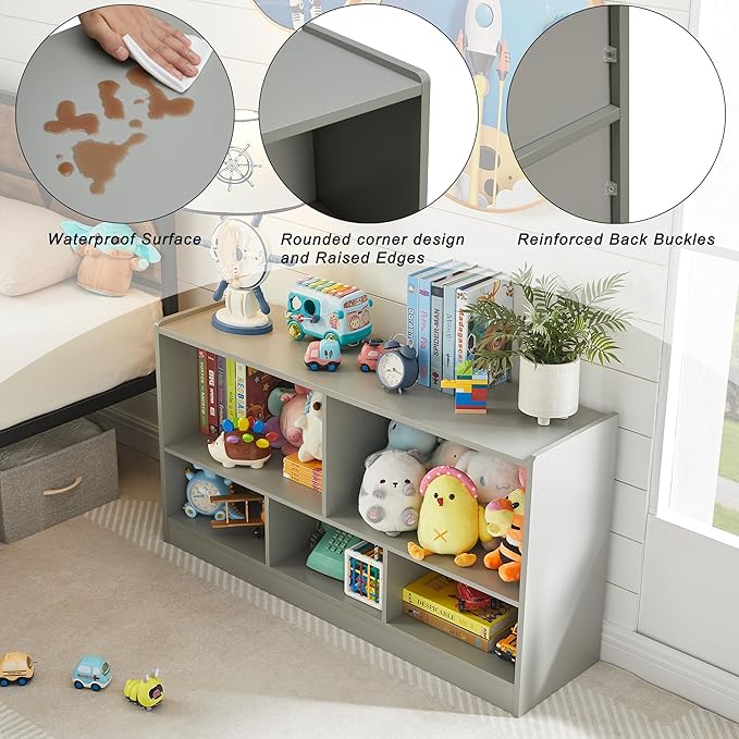 Toy Organizers and Storage, 5-Section Kids Bookshelf for Organizing Books Toys, School Classroom Wooden Storage Cabinet for Children's Room, Playroom, Nursery (Grey)-Ruum Studio Home