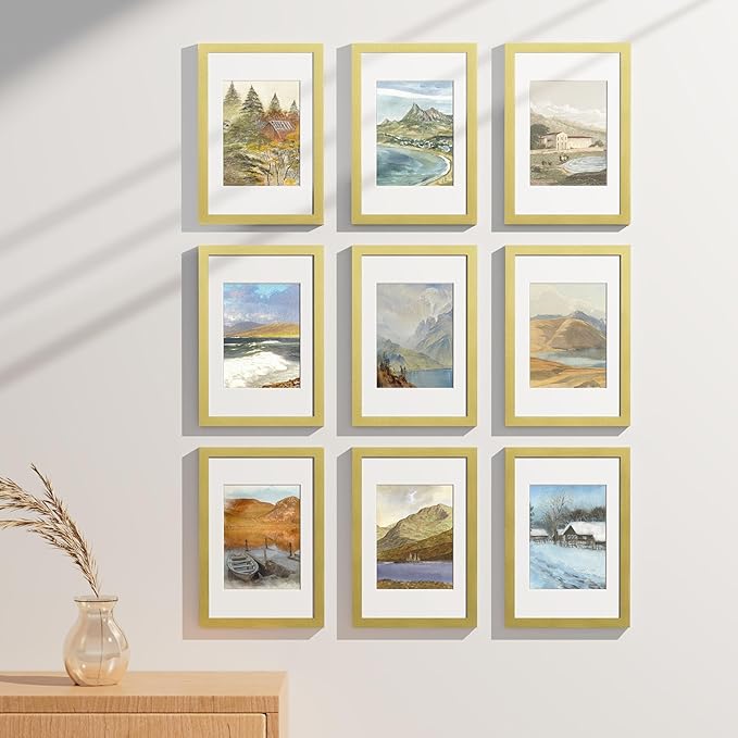 Vittanly 8x12 Picture Frames Set of 9, Shatter Resistant Plexiglass, Display 6x8 Pictures with Mat or 8x12 without Mat, Photo Frames for Wall or Tabletop, Engineered Wood, Gold-Ruum Studio Home