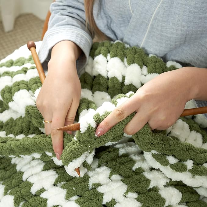 Amélie Home Chunky Knit Throw Blanket for Couch, Soft Chenille Crochet Blanket for Sofa, 50"x60", Sage Green & White Striped-Ruum Studio Home