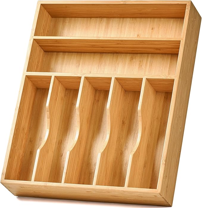 Umilife Bamboo Kitchen Drawer Organizer, 13 Inch Silverware Utensil Tray Holder, Extra Deep Grooved Drawer Divider, 7 Slots Total Bamboo Wood Caddy for Flatware Cutlery Knives, Forks, Spoons-Ruum Studio Home