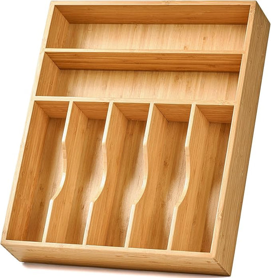 Umilife Bamboo Kitchen Drawer Organizer, 13 Inch Silverware Utensil Tray Holder, Extra Deep Grooved Drawer Divider, 7 Slots Total Bamboo Wood Caddy for Flatware Cutlery Knives, Forks, Spoons-Ruum Studio Home
