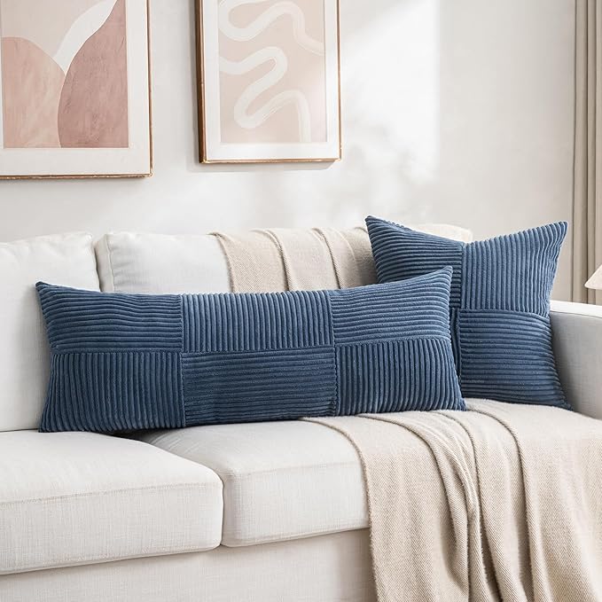 Fancy Homi Set of 2 Dusty Blue Boho Long Lumbar Body Decorative Throw Pillow Cover 14x36 Inch for Bed Couch Bedroom Bench, Soft Patchwork Corduroy Textured Pillow Case, Rustic Farmhouse Room Décor-Ruum Studio Home