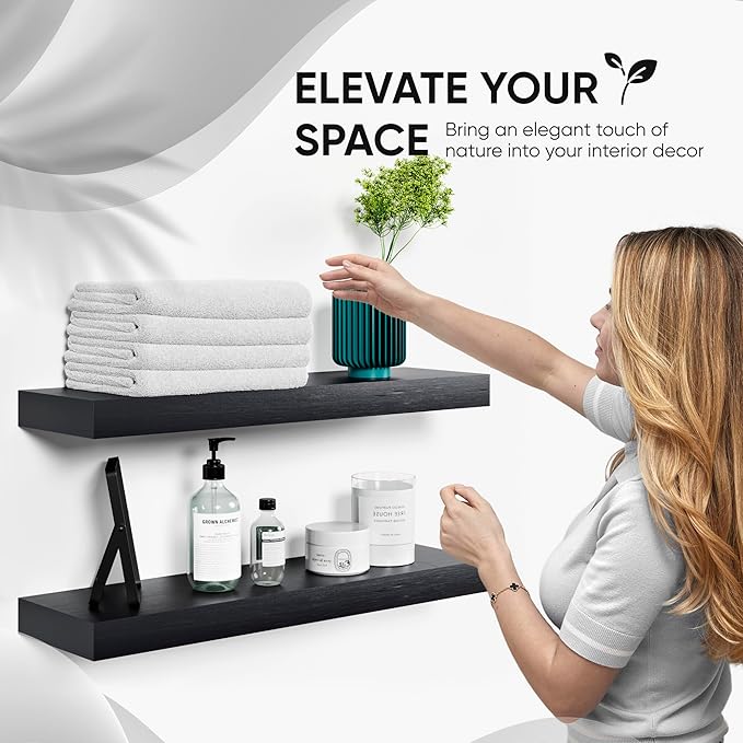 Homeforia Black Floating Shelves 24 inch, High End Solid Real Wood 24inch Bathroom Floating Shelf for Wall Mounted, Black Wooden 24in Floating Shelves, Heavy Duty Bracket, 24 X 6.5 X 1.75 in, Set of 3-Ruum Studio Home