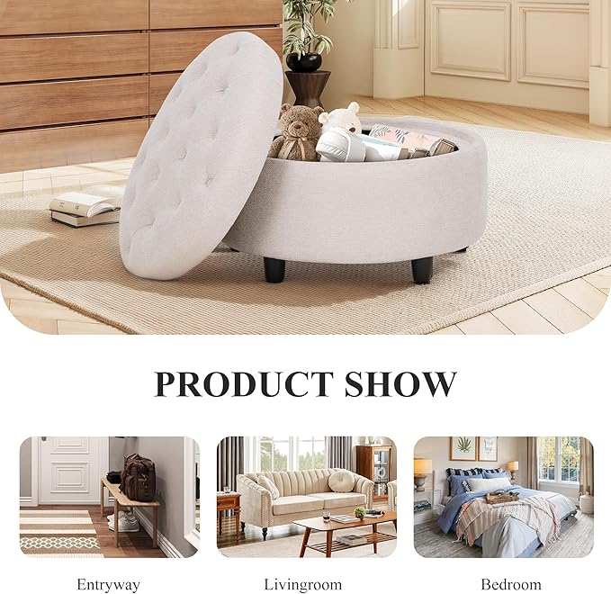 COLAMY Fabric Round Storage Ottoman with Reversible Tray Lid – Multi-Functional Footrest, Hidden Storage, Sturdy & Stylish Small Coffee Table for Living Room, Bedroom, or Entryway(Beige)-Ruum Studio Home
