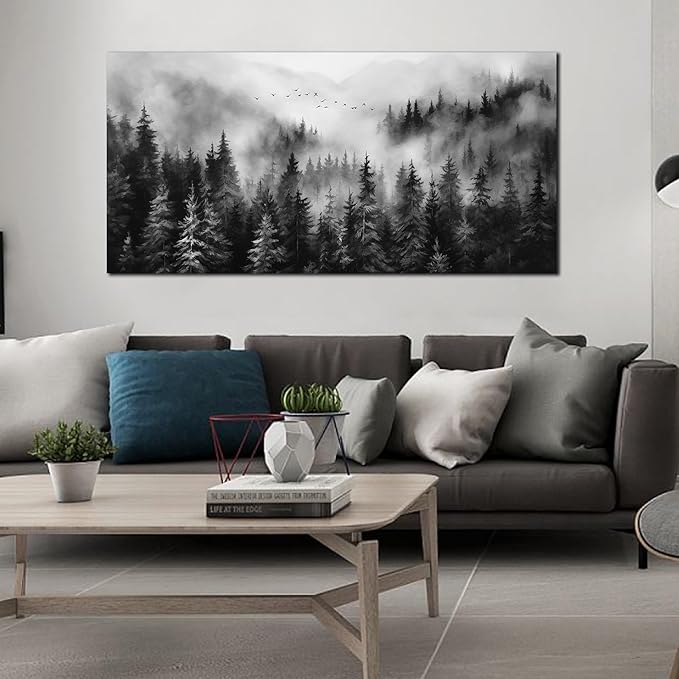 Large Pictures for Living Room Foggy Forest Canvas Wall Art for Bedroom Black Home Office Wall Decor 29 x 59 Inch-Ruum Studio Home
