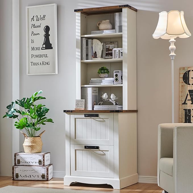 RedLemon Bookcase with 2 File Drawers, 72" Tall Farmhouse Bookshelf with Storage and Adjustable Shelves, 4 Tier Rustic Wood Bookshelf with Cabinet for Home Office, Living Room (Antique White)-Ruum Studio Home