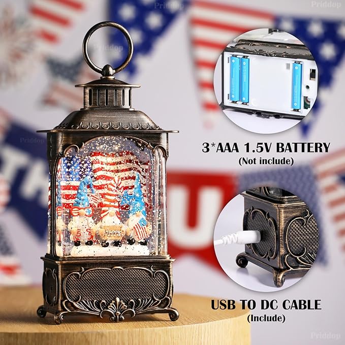 Gnome Snow Globe Lantern 4th of July Decorations with Timer, USB and Battery Powered 4th of July Shirts Patriotic Gnomes and American Flag Independence Day 10.2 inch-Ruum Studio Home