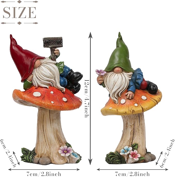 TERESA'S COLLECTIONS Garden Gnomes on Mushroom, Set of 2 Cute Resin Gnome Statues for Yard, Outdoor Patio Porch Lawn, Ideal Gift for Dad Mom Birthday, Outside Decor Housewarming Gifts-Ruum Studio Home