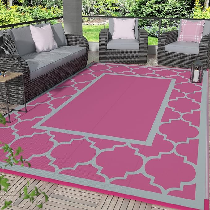 GENIMO 6' x 9' Outdoor Rug Waterproof for Patio Decor, Foldable Reversible Plastic Straw Area Rugs Mat for Camper, Outside Carpet for Rv, Deck, Porch, Picnic, Beach, Balcony, Pink & Grey-Ruum Studio Home