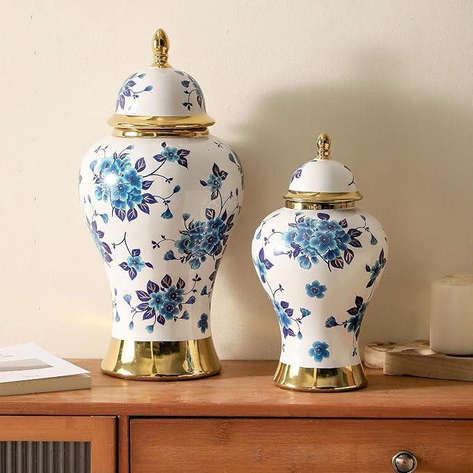 Ginger Jars for Home Decor, White and Gold Vase, Porcelain Ginger Jar Chinoiserie Blue and White Vase with Gold Trim and Floral Pattern, Ceramic Flower Vase for Home, Temple and Storage Jars(12in)-Ruum Studio Home
