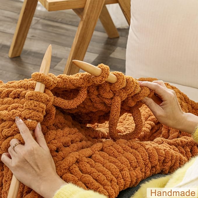 WESHIONGOO Chunky Knit Blanket Throw 50"×60" Knitted Throw Blankets for Couch Bed Fall Throw Blanket Fluffy Soft Blanket with Jumbo Chenille Yarn Thick 100% Handmade (Burnt Orange)-Ruum Studio Home