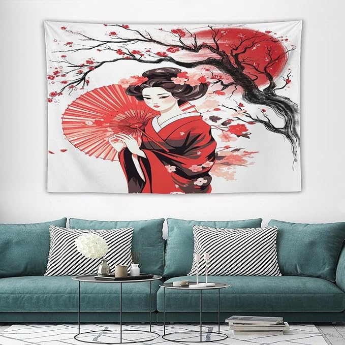 Japanese Red Geisha Tapestry Asian Cherry Blossom Traditional Kimono Folk Tapestries Home Decor for Living Room Bedroom Apartment Farmhouse Dorm 90"x60"-Ruum Studio Home