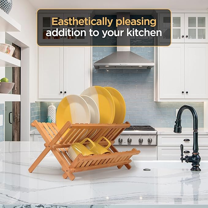 BAMBUSI Dish Drying Rack - Collapsible 2-Tier Bamboo Dish Rack for Kitchen Counter, Wooden Dish Drainer with Foldable Space-Saving Design - Drying Rack for Dishes, Plates, and Cups - Housewarming Gift-Ruum Studio Home