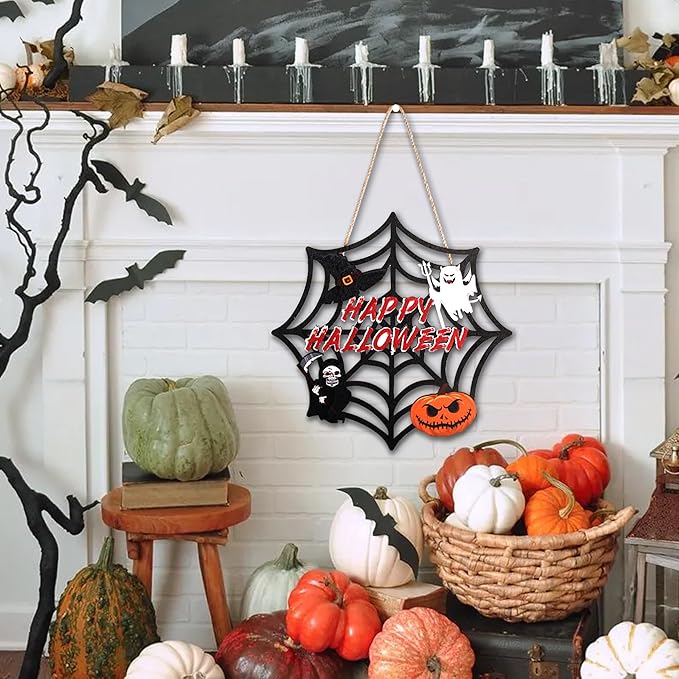 Halloween Party decorations - Welcome Sign for Front Door,Rustic Round Wood Wreaths for Outdoor Outside,Spider Web Garland Porch Ghost Decor for Party Favors Supplies | Halloween Decor for Wall Indoor-Ruum Studio Home