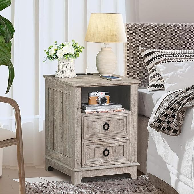 18" Farmhouse Night Stands Set of 2 with Charging Station, 2 Drawers End Table Dresser for Bedroom, Oak Wooden Nightstand, Bed Side Table with Open Shelf, Bedside Cabinet for Living Room-Ruum Studio Home