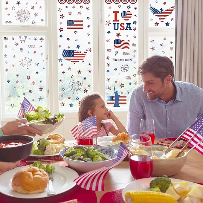 158 Pcs 4th of July Window Clings, 9 Sheets Patriotic Window Clings Decals, Watercolor Double-Sided American Flag Stars Firework Window Stickers for Independence Day Parade Veterans Memorial Day Decor-Ruum Studio Home