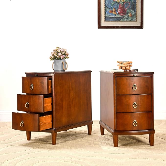 Set of 2 Solid Wood End Table with 3 Drawers, Fully Assembled Nightstand with Sliding Shelf, Pre-Assembled Vintage Wooden Beside Tables In Cherry Brown for Small Space,13.4*22.4*22.6in-Ruum Studio Home