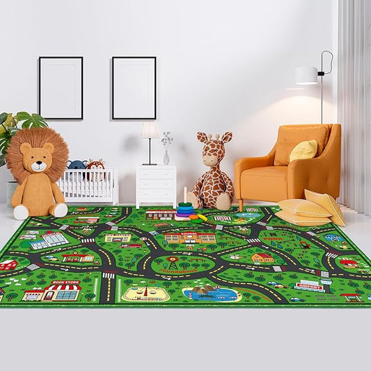 Kids Carpet Playmat Rug 5 x 7 ft Player Car Rug, City Life Traffic Road Map Mat Educational Game Area Mat for Toddler Children Playroom Classroom Bedroom(Green)-Ruum Studio Home