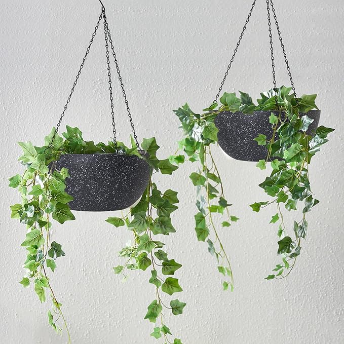 WOUSIWER 13 inch 2Pack Large Hanging Planters for Outdoor Indoor Plants with Drainage Holes and Chain, Round Hanging Flower Pots for Garden Home Porch Decor, Black Speckles-Ruum Studio Home