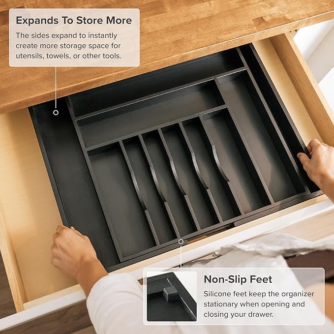 Premium Silverware, Flatware and Utensil Organizer for Kitchen Drawers, Food-Safe Contract Grade, Expandable from 18 to 33 In, Black Bamboo-Ruum Studio Home