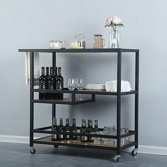 Bar and Serving Cart Industrial & Modern Rustic Rolling Bar and Serving Cart,3-Tiered Wood & Metal Kitchen Bar Cart Island with Wheels,Move Storage Coffee/Wine Island Shelf,Black-Ruum Studio Home