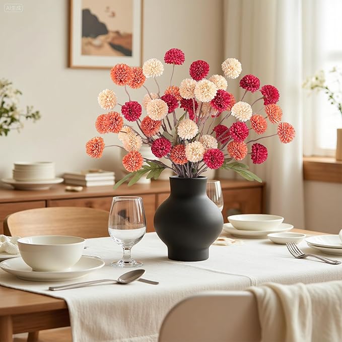 Faux Kiku Flowers Fall 10 Stems & 2 Eucalyptus, Fake Mums Pompon Flower Ball, Autumn Burnt Orange Artificial Chrysanthemums Flowers for Boho Decor, Mini Faux Kiku Flower Wedding Arrangements Decor-Ruum Studio Home