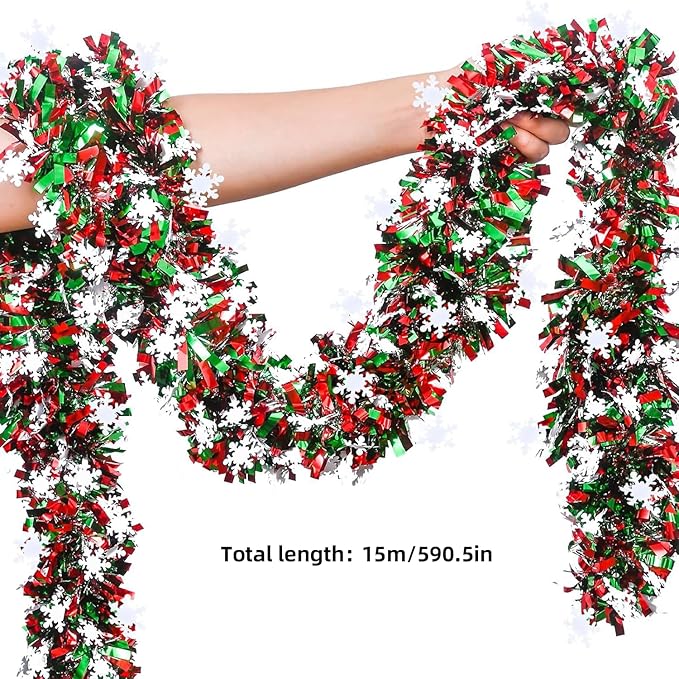 50 Feet Green Red Christmas Metallic Tinsel Twist Hanging Garland with Snowflake for Home Mantle Xmas Tree Staircase Railing New Year Holiday Party Indoor Outdoor Decorations-Ruum Studio Home