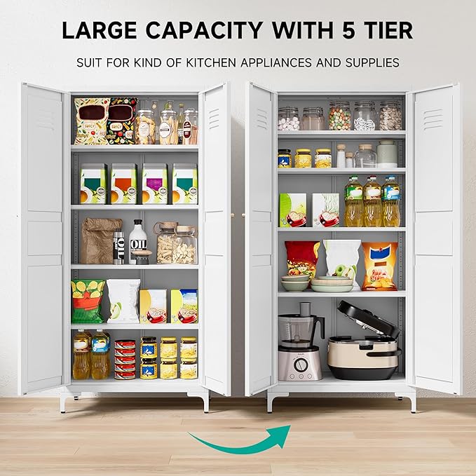 SISESOL Metal Storage Cabinet with Doors and Shelves,White Storage Cabinet with Leg & Vent Hole,Food Pantry Cabinets,5 Tier Metal Pantry,Tall Large Cupboard for Home,Kitchen,Dining/Living/Laundry Room-Ruum Studio Home