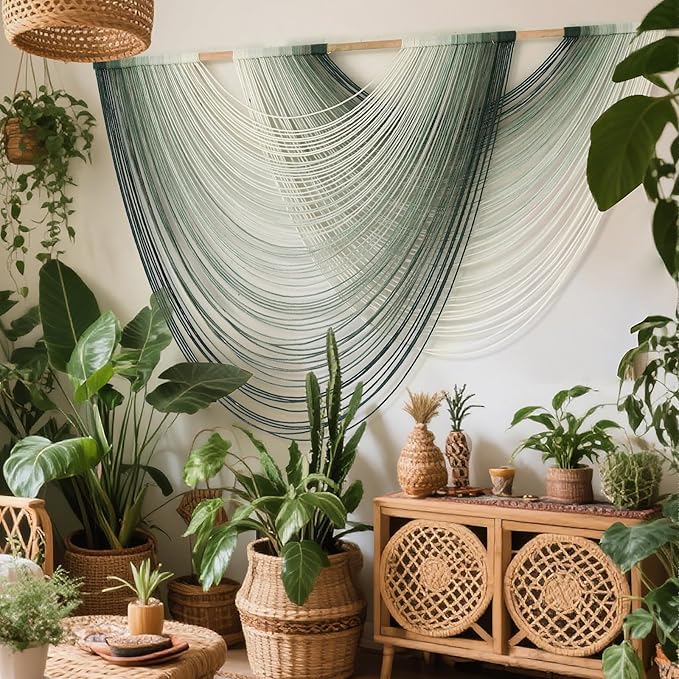 Macrame Wall Hanging Green Yarn Art Dip-Dye Boho Wall Decor Fiber Wall Art Craftsmanship Home Decor 57" W x 39" L-Ruum Studio Home