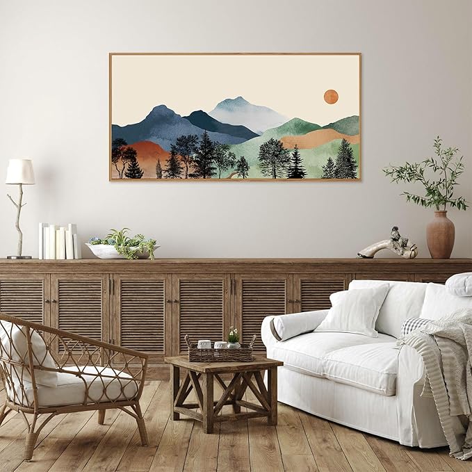SIGNINART Large Boho Mountains Framed Canvas Wall Art, Watercolor Nature Landscape Art Prints, Neutral Modern Sunrise Art Paintings, Green Forest Wall Decor for Living Room, Bedroom, Office 20"x40"-Ruum Studio Home