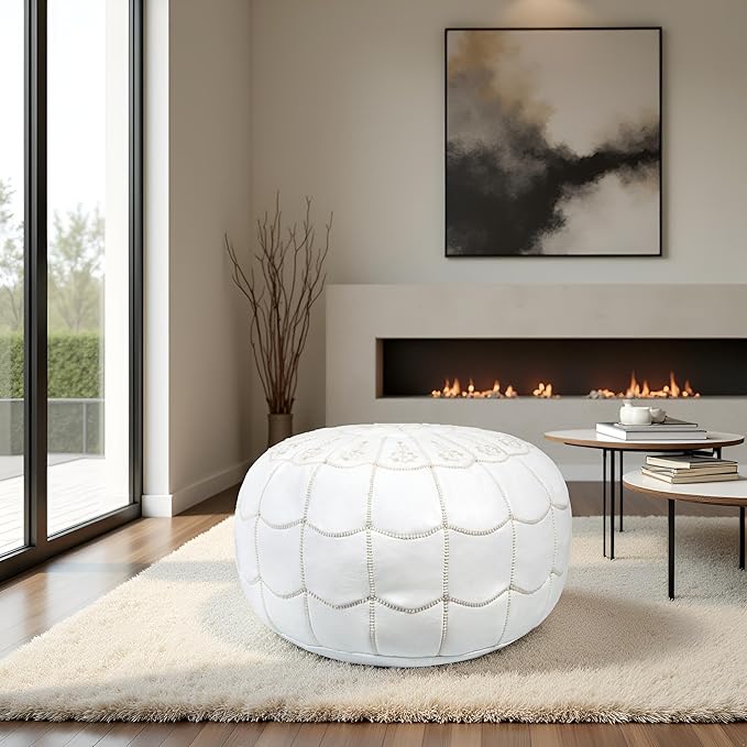 Stuffed Arch Design Moroccan Leather Pouf Ottoman, Handmade, Pre-Filled, 100% Genuine Leather, 14” Height x 22” Diameter – Boho Chic Footstool & Living Room Décor-Ruum Studio Home