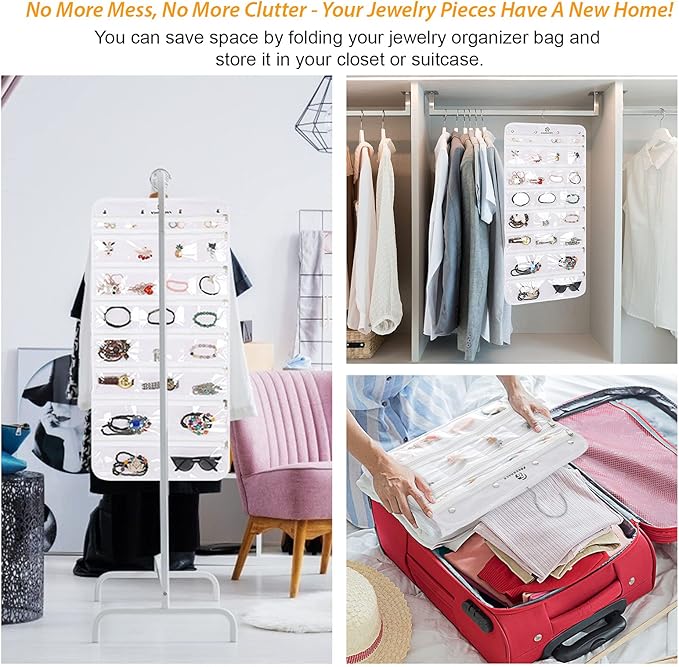 Freegrace Hanging Jewelry Organizer Revolving Hanger - Secure Zipper Closure - 25 Pockets,23 Hooks - Foldable Storage & Display Solution - For All Jewelry & Bijoux (White)-Ruum Studio Home