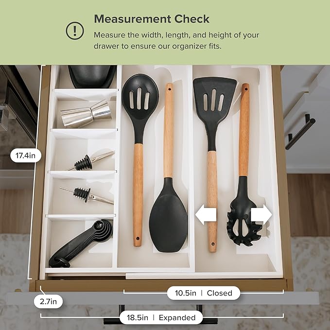 Adjustable Kitchen Drawer Organizer for Utensils and Junk, Food-Safe Contract Grade with 100% Sustainable Wood, Expandable from 10.5 to 19 Inches Wide - White Bamboo-Ruum Studio Home