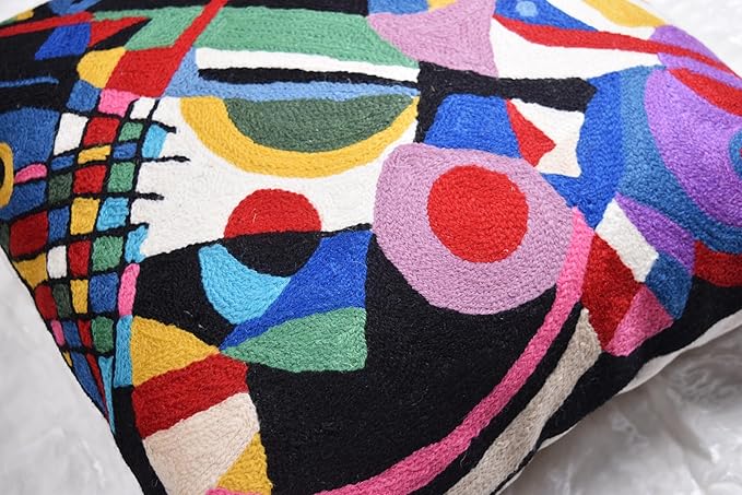 Kandinsky Impulse Modern Decorative Pillow Cover Black Abstract Toss Pillowcase Farmhouse Chair Cushion Contemporary Pillow Mid-Century Chair Cushions Hand Embroidered Pillow Wool Size 18x18-Ruum Studio Home